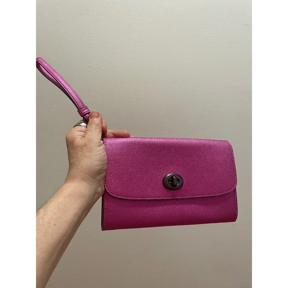 Coach Metallic Raspberry Wristlet Clutch Crossgrain Leather Turn Lock F22828